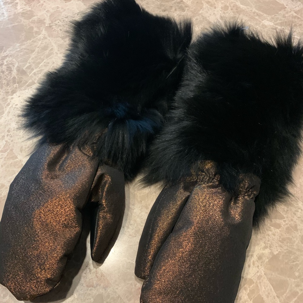 Moncler Fox Fur-Cuff Metallic Mittens